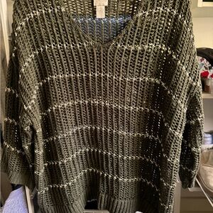 💚💛Chicos Shirt Womens 2 Green Gold 12 Open Knit Striped Sweater 3/4 Sleeve💛💚